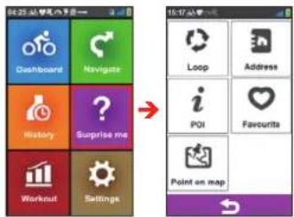 01:25 帮助手机 Dashboard Navigates History Surprise me Workout Settings 15:17 AM Loop Address i POI Favourites Point on map