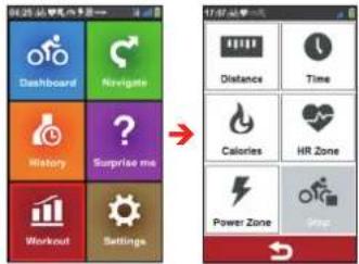 04:25 Dashboard Navigate History Surprise me Workout Settings 17:47 Distance Time Calories HR Zone Power Zone Step