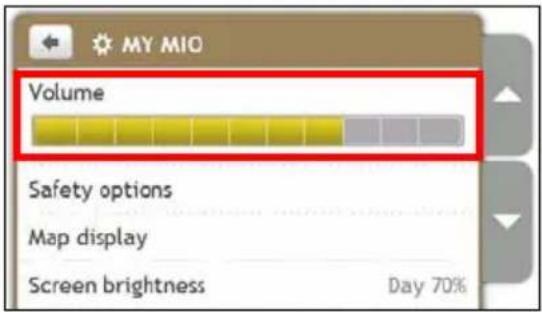 MY MIO Volume Safety options Map display Screen brightness Day 70%