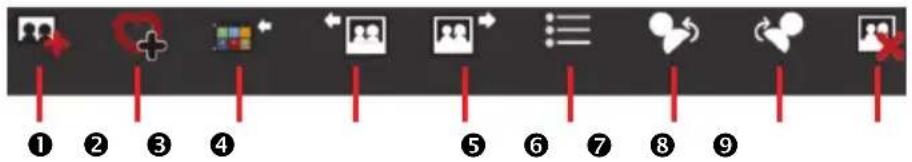 Screenshot of a software toolbar with nine labeled icons and numbered labels from 1 to 9.