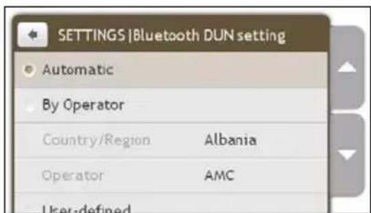 SETTINGS |Bluetooth DUN setting Automatic By Operator Country/Region Albania Operator AMC User-defined