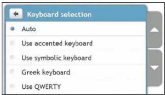 Keyboard selection • Auto • Use accented keyboard • Use symbolic keyboard • Greek keyboard • Use QWERTY