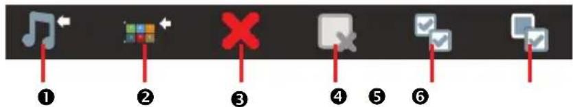Six-step UI control icons with numbered labels, including music note, grid, red X, and checklist symbols