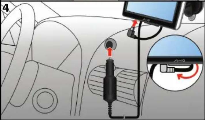 Diagram showing car interior connected to a device via cable, with an inset close-up highlighting cable routing.