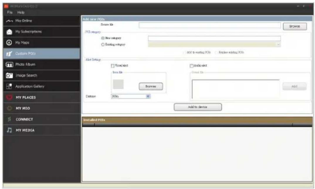 Add new POIs Create file POI category New category Existing category Add to template POIs Replace template POIs After Setup View effect Data file Browse Delete: 300m Add to device Add to device Installed POIs