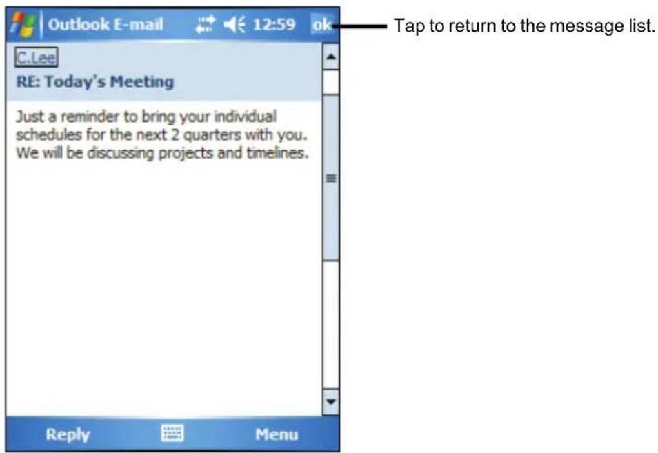 Outlook E-mail 12:59 ok C.Lee RE: Today's Meeting Just a reminder to bring your individual schedules for the next 2 quarters with you. We will be discussing projects and timelines. Reply Menu Tap to return to the message list.