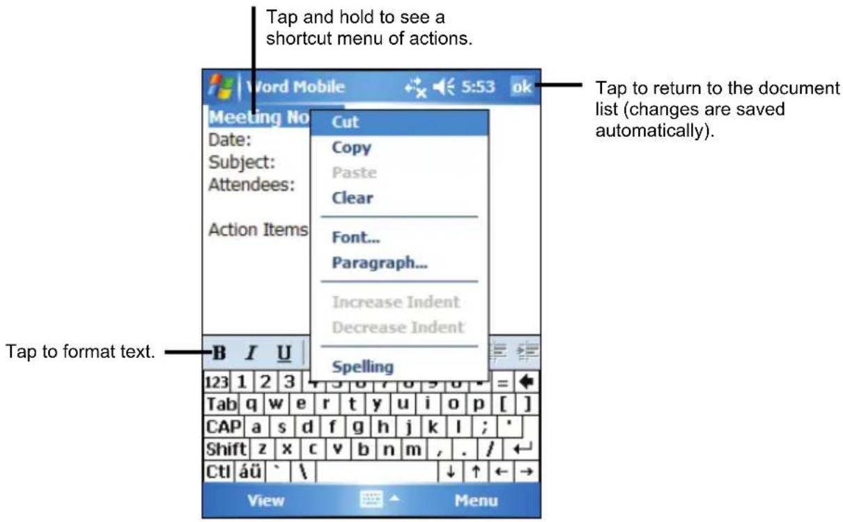 Tap and hold to see a shortcut menu of actions. Tap to return to the document list (changes are saved automatically). Tap to format text. B I U 123 1 2 3 Tab q w e r t y u i o p [ ] CAP a s d f g h j k l ; * Shift z x c v b n m , . / Ctl áü ` \ View Menu