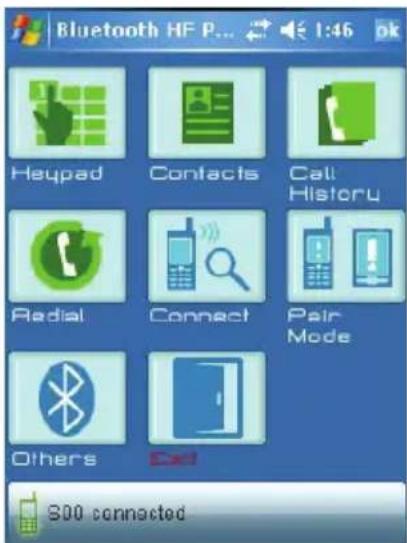Bluetooth HF P... 1:46 ok Heypad Contacts Call History Radial Connect Pair Mode Others 300 connected