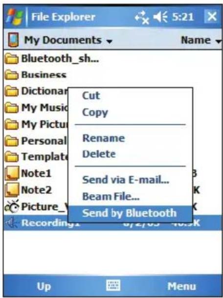 File Explorer My Documents Name Bluetooth_sh... Business Dictionar My Music My Picture Personal Template Note1 Note2 Picture_ Recording 1 6/2/03 40.5K Cut Copy Rename Delete Send via E-mail... Beam File... Send by Bluetooth Up Menu
