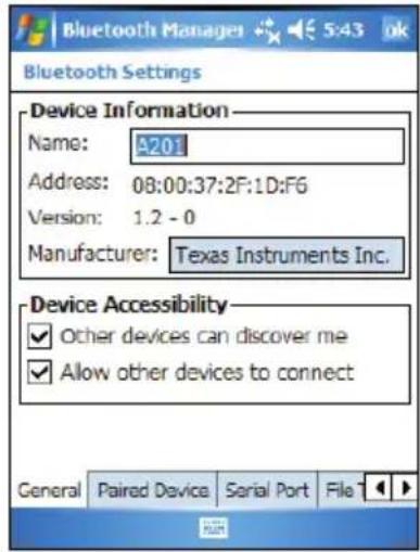 Bluetooth Manager 5:43 ok Bluetooth Settings Device Information Name: 5201 Address: 08:00:37:2F:1D:F6 Version: 1.2 - 0 Manufacturer: Texas Instruments Inc. Device Accessibility ✓ Other devices can discover me ✓ Allow other devices to connect General Paired Device Serial Port File