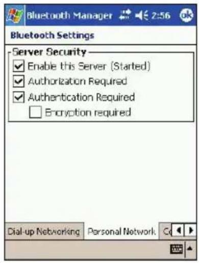 Bluetooth Manager 2:56 Bluetooth Settings Server Security Enable this Server (Started) Authorization Required Authentication Required Encryption required Dial-up Networking Personal Network C
