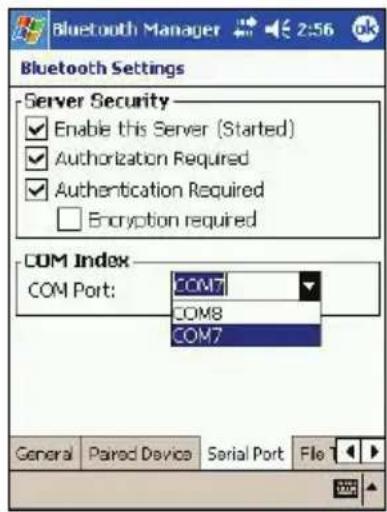 Bluetooth Manager 2:56 ok Bluetooth Settings Server Security Enable this Server (Started) Authorization Required Authentication Required Encryption required COM Index COM Port: COM7 COM8 COM7 General Paired Device Serial Port File 1