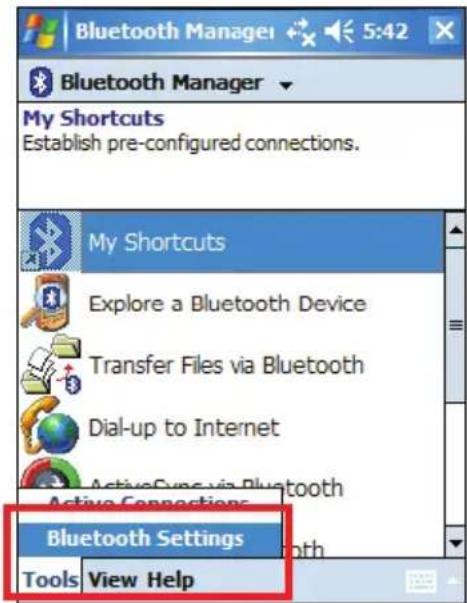 Bluetooth Manager 5:42 Bluetooth Manager My Shortcuts Establish pre-configured connections. My Shortcuts Explore a Bluetooth Device Transfer Files via Bluetooth Dial-up to Internet Active Connections via Bluetooth Bluetooth Settings Tools View Help