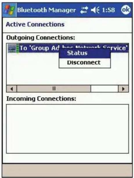 Bluetooth Manager 1:58 ok Active Connections Outgoing Connections: To 'Group Ad has Network Service' Status Disconnect Incoming Connections: