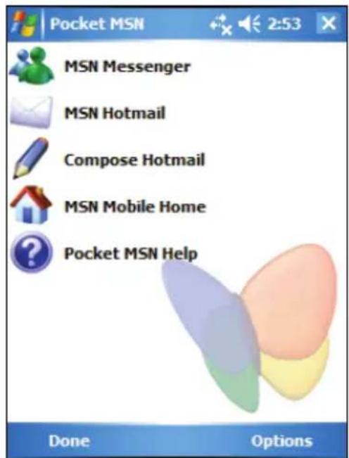 Pocket MSN MSN Messenger MSN Hotmail Compose Hotmail MSN Mobile Home Pocket MSN Help Done Options