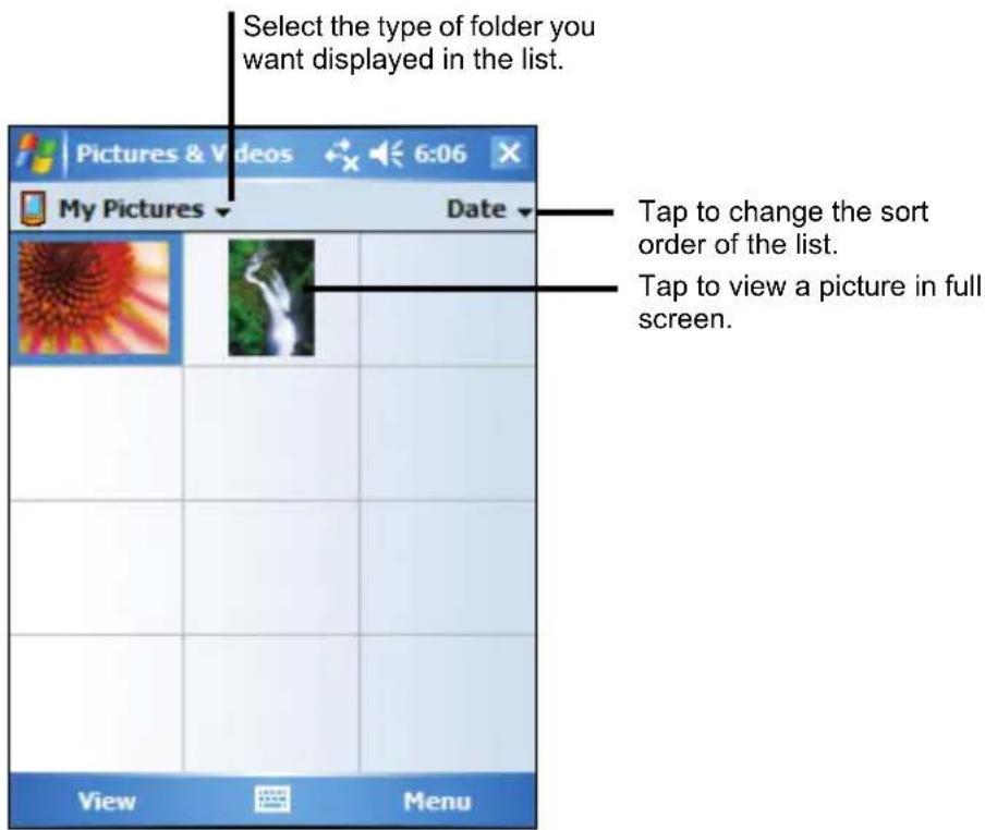 Select the type of folder you want displayed in the list. My Pictures Date Tap to change the sort order of the list. Tap to view a picture in full screen. View Menu