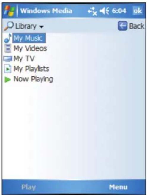 Windows Media 6:04 ok Library My Music My Videos My TV My Playlists Now Playing Play Menu