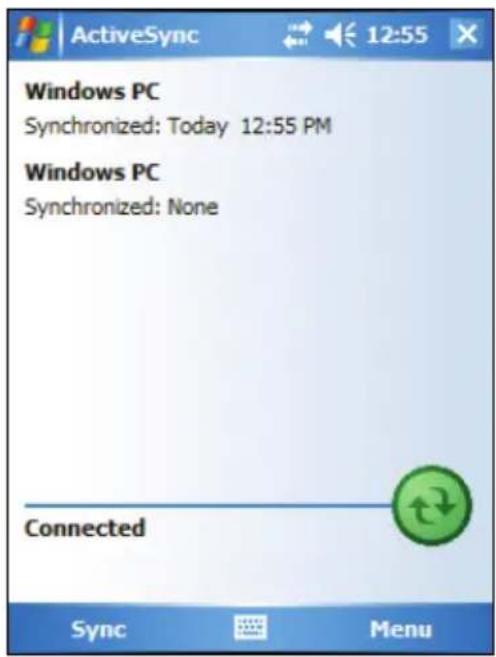 ActiveSync 12:55 Windows PC Synchronized: Today 12:55 PM Windows PC Synchronized: None Connected Sync Menu