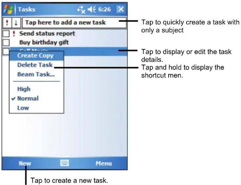 Tasks Tap here to add a new task Send status report Buy birthday gift Create Copy Delete Task Beam Task... High ✓ Normal Low New Menu Tap to quickly create a task with only a subject Tap to display or edit the task details. Tap and hold to display the shortcut men. Tap to create a new task.