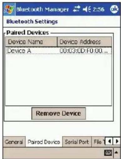 Bluetooth Manager Bluetooth Settings Paired Devices Device Name Device Address Device A 00:03:0D:F0:00... Remove Device General Paired Device Serial Port File