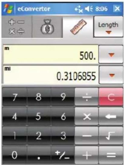 eConverter + - ×÷ Length m 500. mi 0.3106855 7 8 9 ÷ C 4 5 6 × ← 1 2 3 - √ 0 . +/- + =