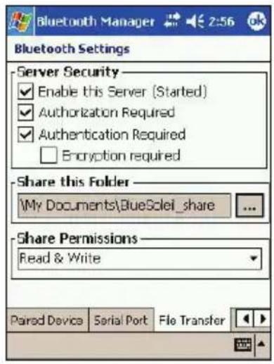 Bluetooth Manager 2:56 Bluetooth Settings Server Security Enable this Server (Started) Authorization Required Authentication Required Encryption required Share this Folder My Documents\BlueSolei_share ... Share Permissions Read & Write Paired Device Serial Port File Transfer