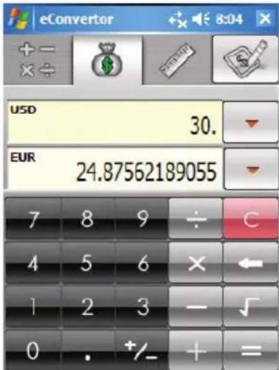 eConverter USD 30. EUR 24.87562189055 7 8 9 ÷ C 4 5 6 × ← 1 2 3 — √ 0 . +/– + =