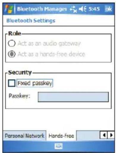 Bluetooth Manager 5:45 OK Bluetooth Settings Role Act as an audio gateway Act as a hands-free device Security Fixed passkey Passkey: Personal Network Hands-free