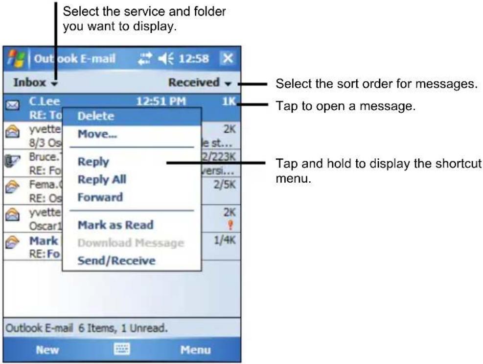 Select the service and folder you want to display. C.Lee 12:51 PM 1K RE: To Delete Move... 2K yvette 8/3 Os Reply 2/223K BRUCE. RE: Fo Forward Fema.0 RE: Os Mark as Read 2K yvette Oscar1 Download Message Mark RE: Fo Send/Receive 1/4K Outlook E-mail 6 Items, 1 Unread. New Menu Select the sort order for messages. Tap to open a message. Tap and hold to display the shortcut menu.