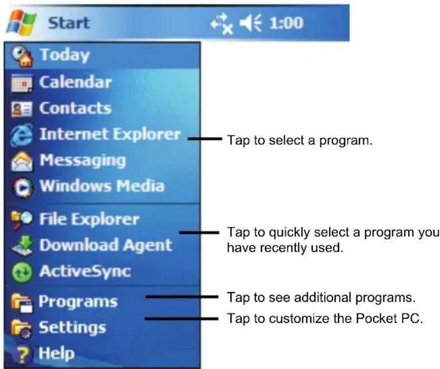 Start Today Calendar Contacts Internet Explorer Messaging Windows Media File Explorer Download Agent ActiveSync Programs Settings Help Tap to select a program. Tap to quickly select a program you have recently used. Tap to see additional programs. Tap to customize the Pocket PC.