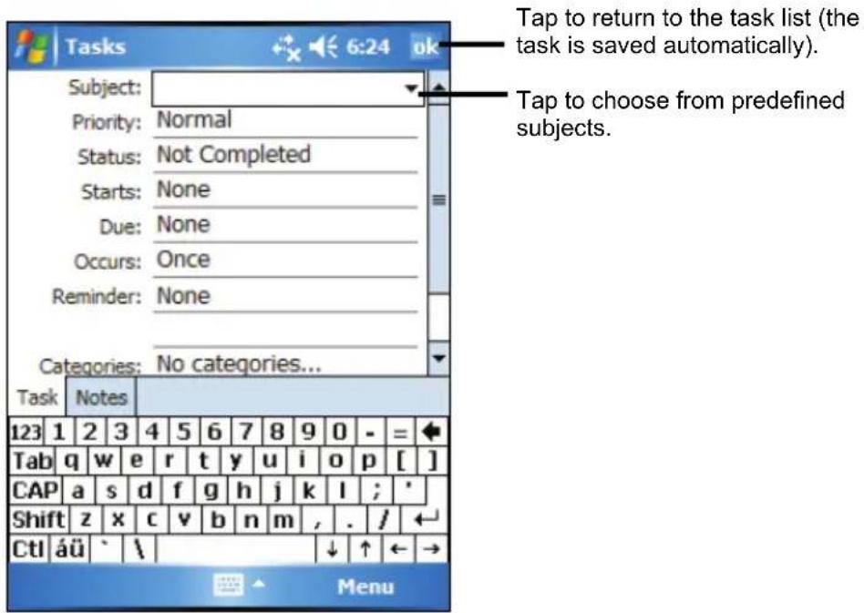 Tap to return to the task list (the task is saved automatically). Tap to choose from predefined subjects. Subject: Priority: Normal Status: Not Completed Starts: None Due: None Occurs: Once Reminder: None Categories: No categories... Task Notes 123 1 2 3 4 5 6 7 8 9 0 - = Tab qi w e r t y u i o p [ ] CAP a s d f g h j k l ; * Shift z x c v b n m , . / Ctl áü ` \_ Menu