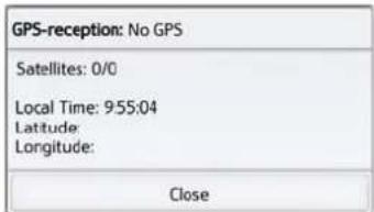 GPS-reception: No GPS Satellites: 0/0 Local Time: 955:04 Latitude: Longitude: Close