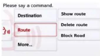 Please say a command. Destination Route Show route Delete route Block Road More...
