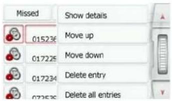 Missed 015236 Move up 017225 Move down 017234 Delete entry 023536 Delete all entries