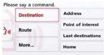 Please say a command. Destination Route More... Address Point of interest Last destinations Home