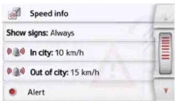 Speed info Show signs: Always In city: 10 km/h Out of city: 15 km/h Alert