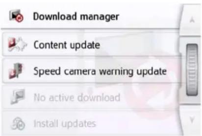 Download manager Content update Speed camera warning update No active download Install updates