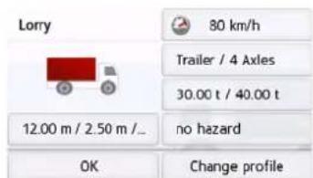 Lorry 80 km/h Trailer / 4 Axles 30.00 t / 40.00 t 12.00 m / 2.50 m / _ no hazard OK Change profile
