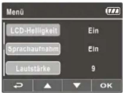 Menu LCD-Helligkeit Ein Sprachaufnahm Ein Lautstärke 9