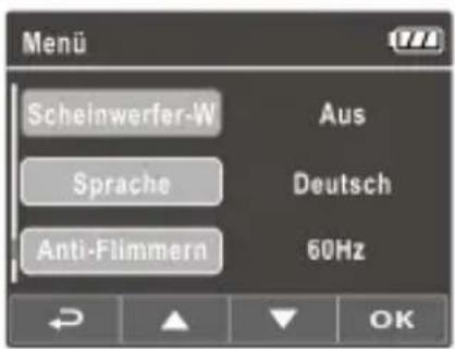 Menü Scheinwerfer-W Aus Sprache Deutsch Anti-Flimmern 60Hz