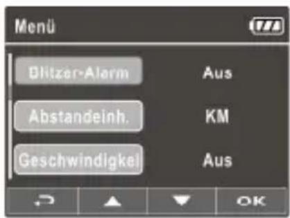 Menu Blitzer-Alarm Aus Abstandeinh. KM Geschwindigkeit Aus