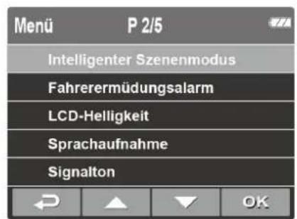 Menü P 2/5 Intelligenter Szenenmodus Fahrerermüdungsalarm LCD-Helligkeit Sprachaufnahme Signalton