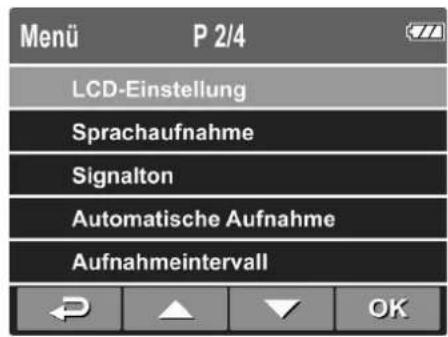 Menu P 2/4 LCD-Einstellung Sprachaufnahme Signalton Automatische Aufnahme Aufnahmeintervall