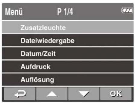 Menu P 1/4 Zusatzleuchte Dateiwiedergabe Datum/Zeit Aufdruck Auflösung