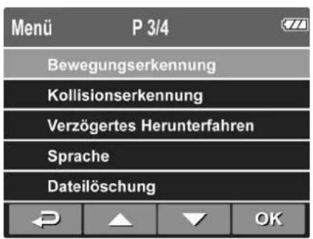 Menü P 3/4 Bewegungserkennung Kollisionserkennung Verzögertes Herunterfahren Sprache Dateilöschung