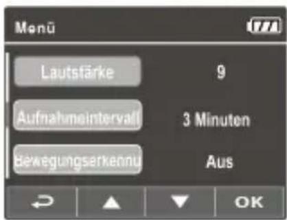 Menü Lautstärke 9 Aufnahmeintervall 3 Minuten Bewegungserkennu Aus OK