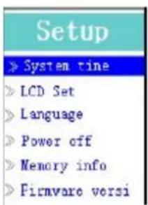 Setup System time LCD Set Language Power off Memory info Firmware versi