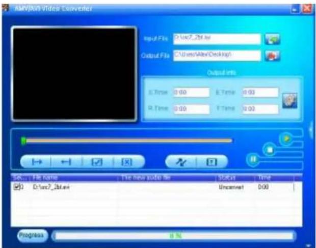 AMV/AM Video Converter Input File: D:\Users\26.hx Output File: C:\Users\Alex\Desktop\ Output Info E.Time 0:00 E.Time 0:00 R.Time 0:00 F.Time 0:00 Sv... File name The new audio file Status Time D:\Users\26.hx Uncarnet 0:00 Progress 8 %