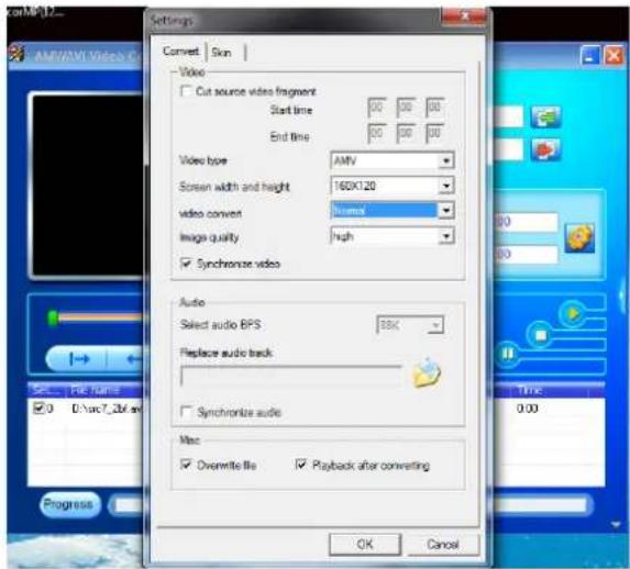 AMV/AMV Video Settings Convert | Skin | Video Cut source video fragment Start time 00 00 00 End time 00 00 00 Video bore AMV Screen width and height 16DX120 video convert Normal Image quality high Synchronize video Audio Select audio BPS 88K Replace audio back Synchronize audio Vite: Overwrite file Playback after converting OK Cancel