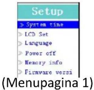 Setup System time LCD Set Language Power off Memory info Firmware versi (Menupagina 1)